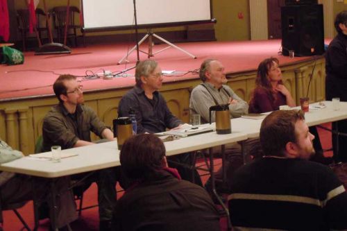 panelists at the SOPF event in Kingston on January 30, l-r, Lee Smith, Aric McBay, Clarke Mackey, Robert Lovelace and Lisa Gibson with SOPF emcee Dianne Dowling.